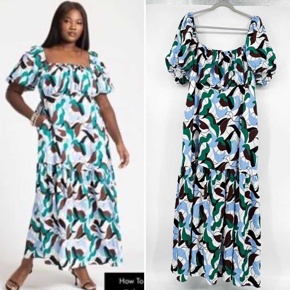 ELOQUII Abstract Print Puff Sleeves Tiered Maxi Dress Size 14